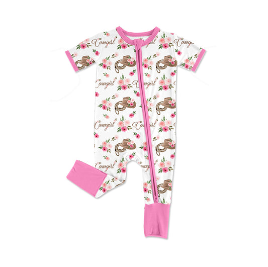 presale SR2249 cowgirl flower cowboy hat pink and white zipper short sleeve jumpsuit  2024 .11.13