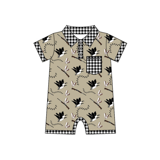 presale SR2259 Black Plaid Pocket Shotgun Duck Short Sleeve Bodysuit  2024 .11.14