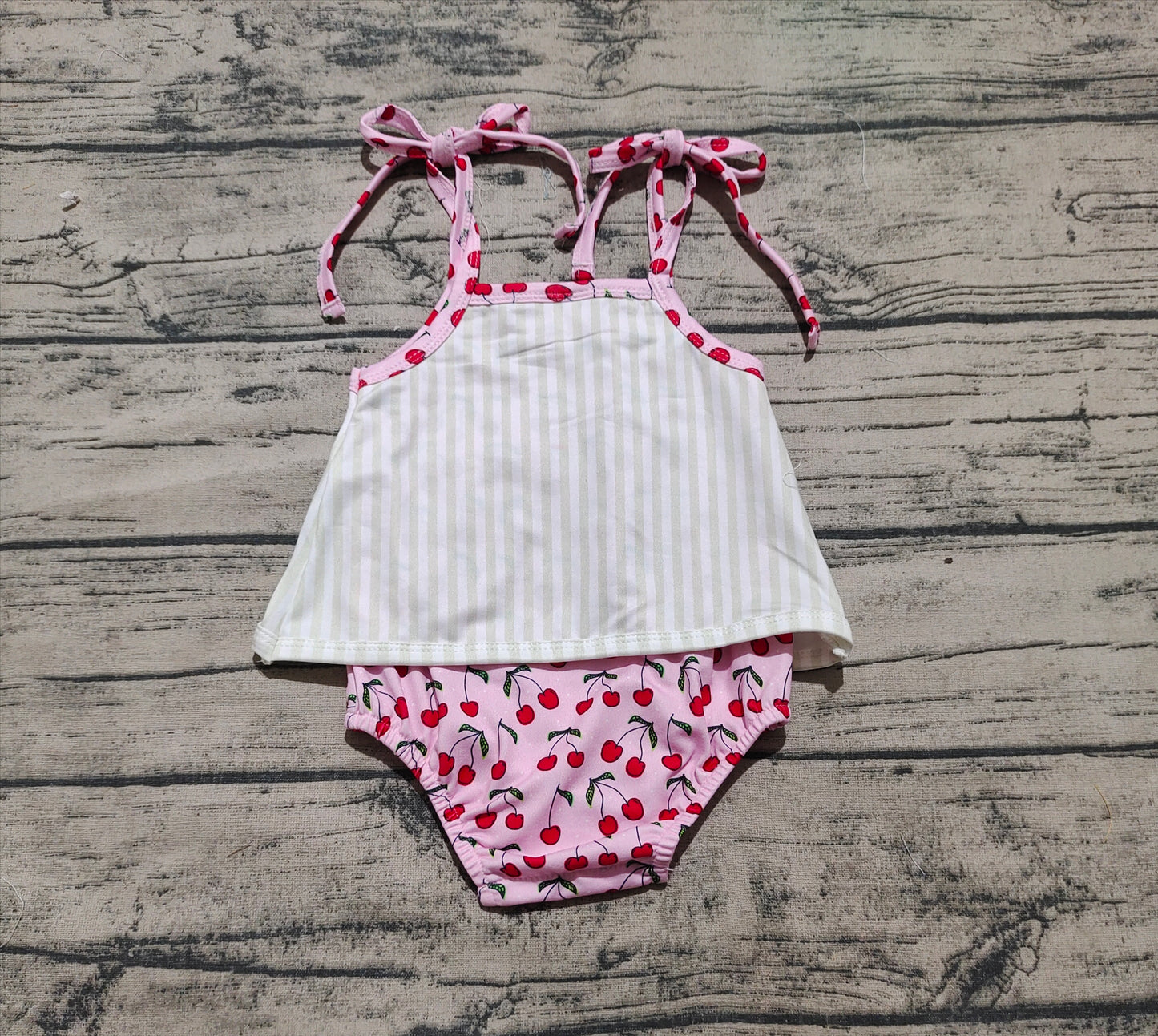 SR2279  Pink Cherry Stripe Camisole Bodysuit with Bow  D 4.8