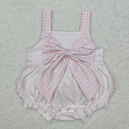 SR2280 Polka Dot Pink Plaid Bow Camisole Bodysuit