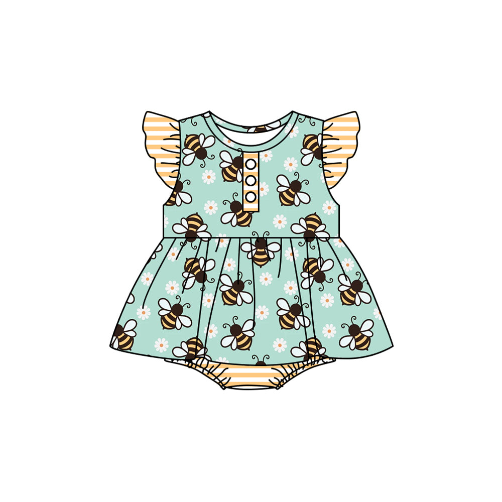 presale SR2284  Flower Daisy Bee Yellow Stripe Teal Fly Sleeve Bodysuit  2024 11.18