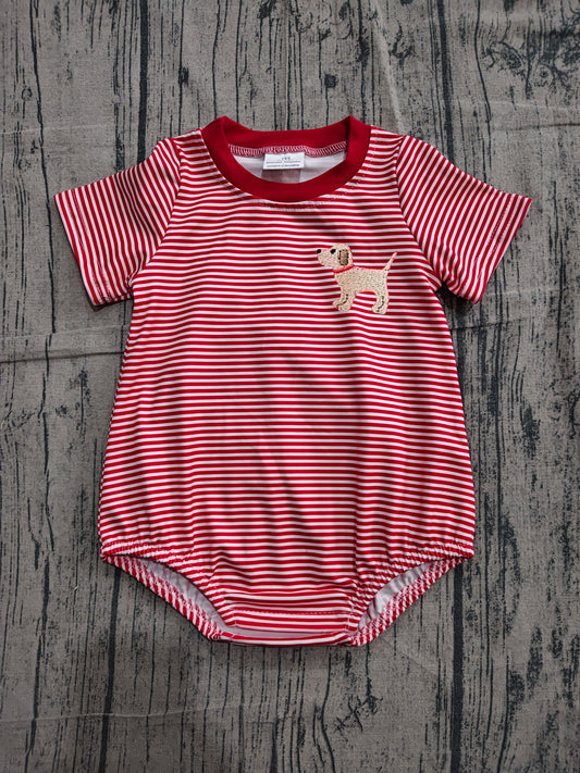 Pre order red stripes dog embroidery bubble romper