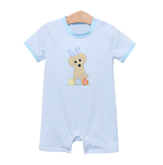presale SR2291  Easter Bunny Ears Puppy Egg Blue Striped Short Sleeve Onesie 2024 11.18