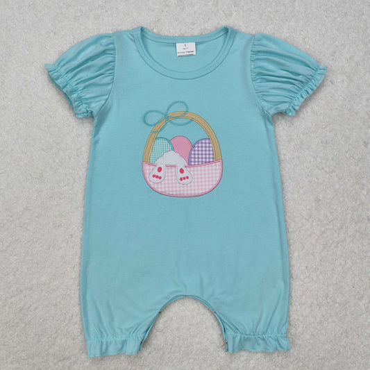 SR2292 Girls Easter Bunny Egg Basket Teal Short Sleeve Bodysuit