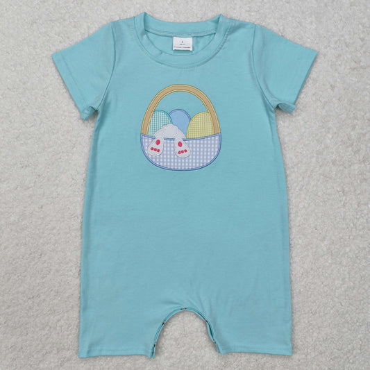 SR2293  Boys Easter Bunny Egg Basket Teal Short Sleeve Onesie