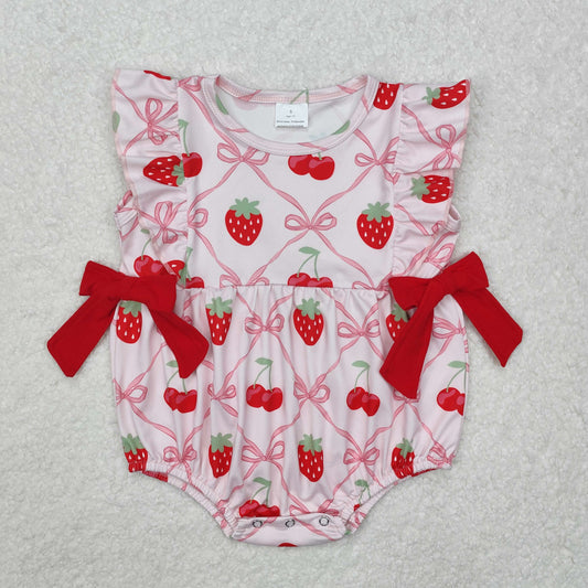 SR2295 Strawberry Cherry Red Bow Pink Vest Bodysuit
