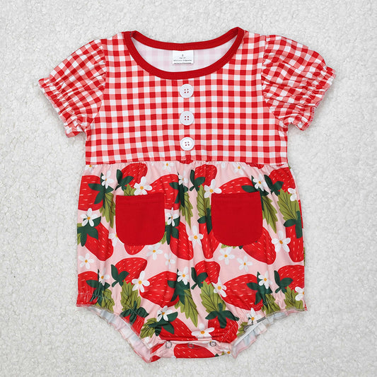 SR2307 Baby Infant Girls Red Checkered Strawberry Rompers D 3.10