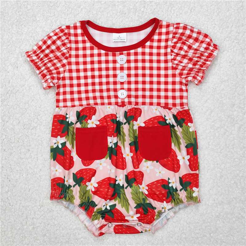 Match Baby Girls Red Checkered Strawberry Bows Tunic Ruffle Shorts Clothes Sets Romper D 3.15