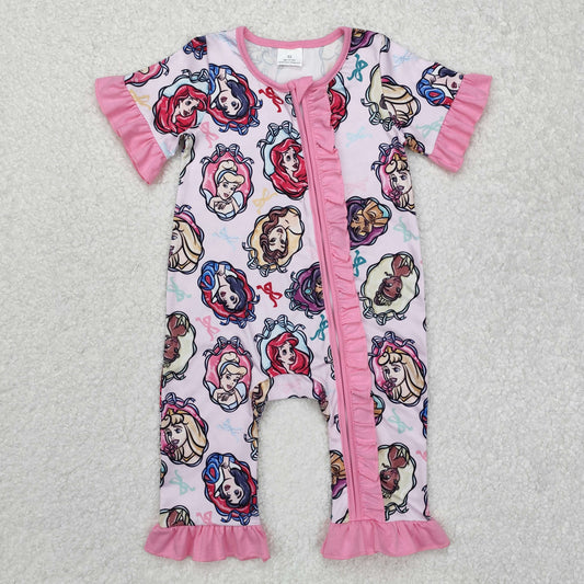SR2309 Colorful Bow Pattern Pink Lace Zipper Short Sleeve Bodysuit