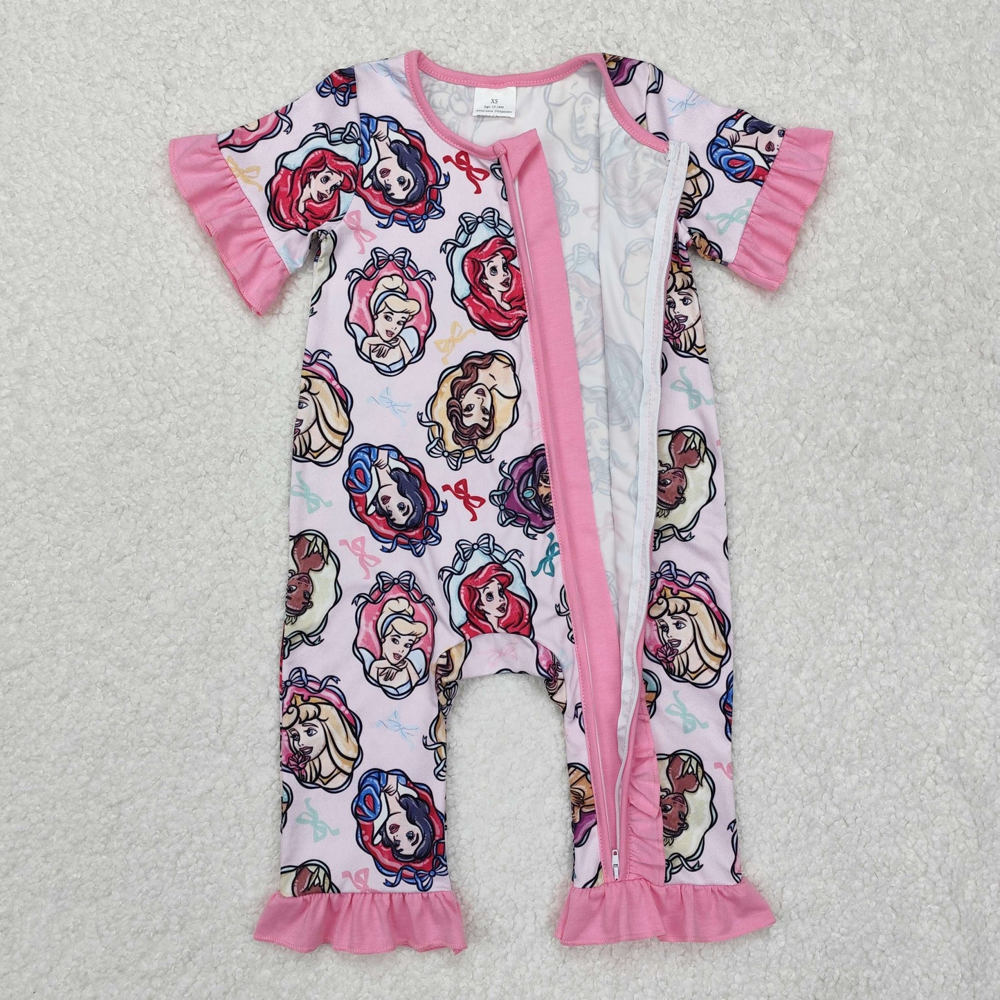 SR2309 Colorful Bow Pattern Pink Lace Zipper Short Sleeve Bodysuit