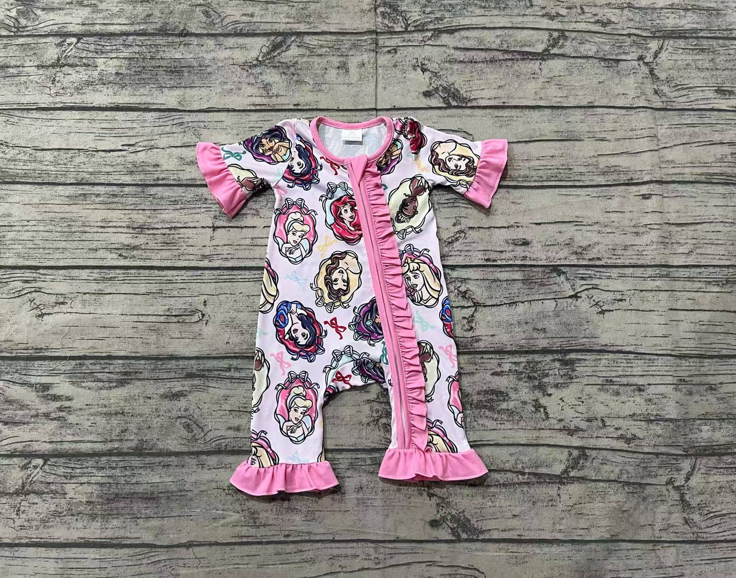 SR2309 Colorful Bow Pattern Pink Lace Zipper Short Sleeve Bodysuit