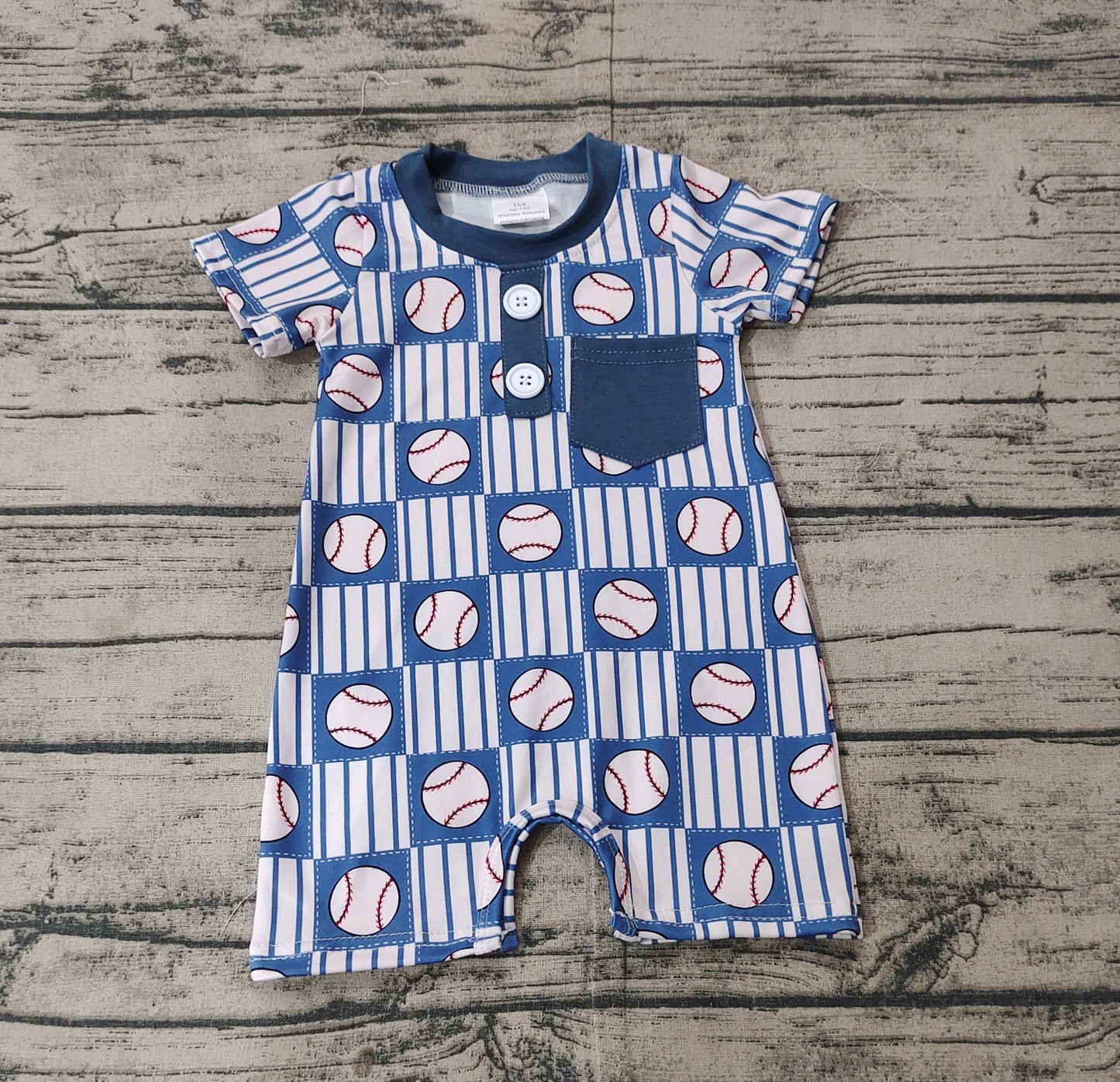SR2313 Baseball Blue Pocket Stripe Plaid Short Sleeve Bodysuit   D 3.3