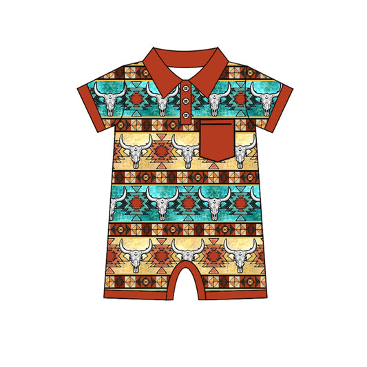 presale SR2322  Alpine Bull Head Geometric Red-Brown Pocket Short-Sleeved Bodysuit  2024 11.23