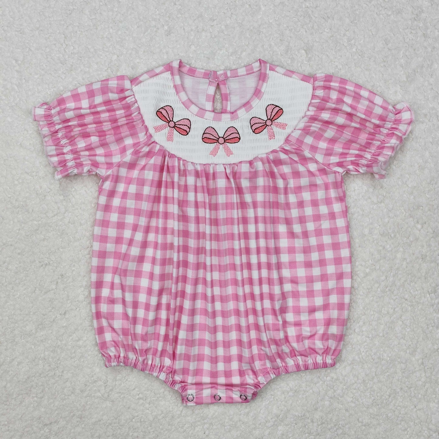 SR2325  Pink plaid short-sleeved bodysuit with bow pattern