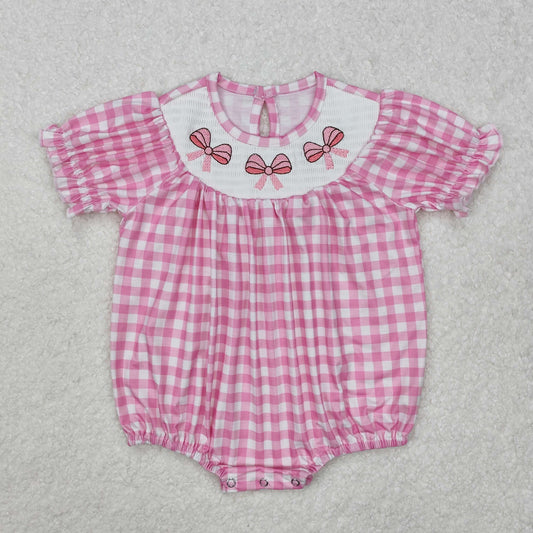 SR2325 Pink plaid short-sleeved bodysuit with bow pattern