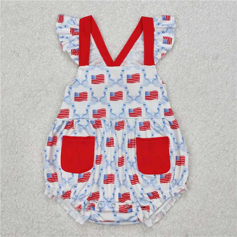 Match National Day flag blue bow pattern red pocket lace sleeveless dress romper D 3.15