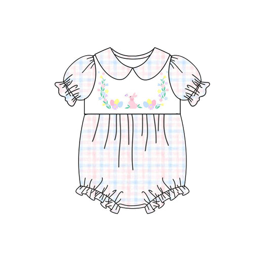 presale SR2332 Easter Flower Bunny Egg Pink Blue Plaid Doll Collar Short Sleeve Bodysuit 2024 11.23