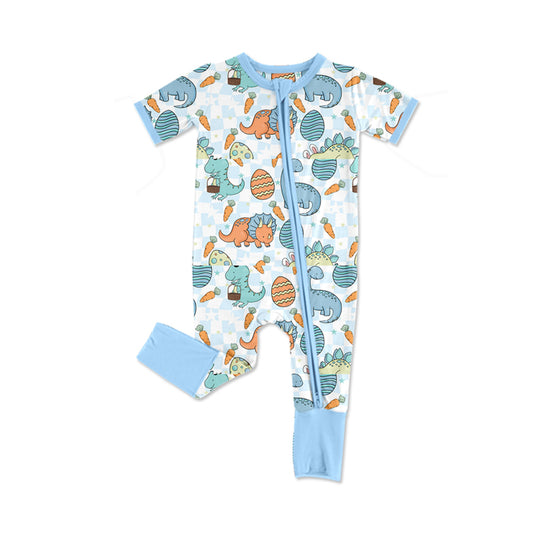 presale SR2344 Easter Egg Dinosaur Rainbow Plaid Blue Zipper Short Sleeve Bodysuit 2024 11.28