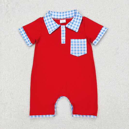 SR2352  National Day Blue Plaid Pocket Red Short Sleeve Bodysuit  D 3.21