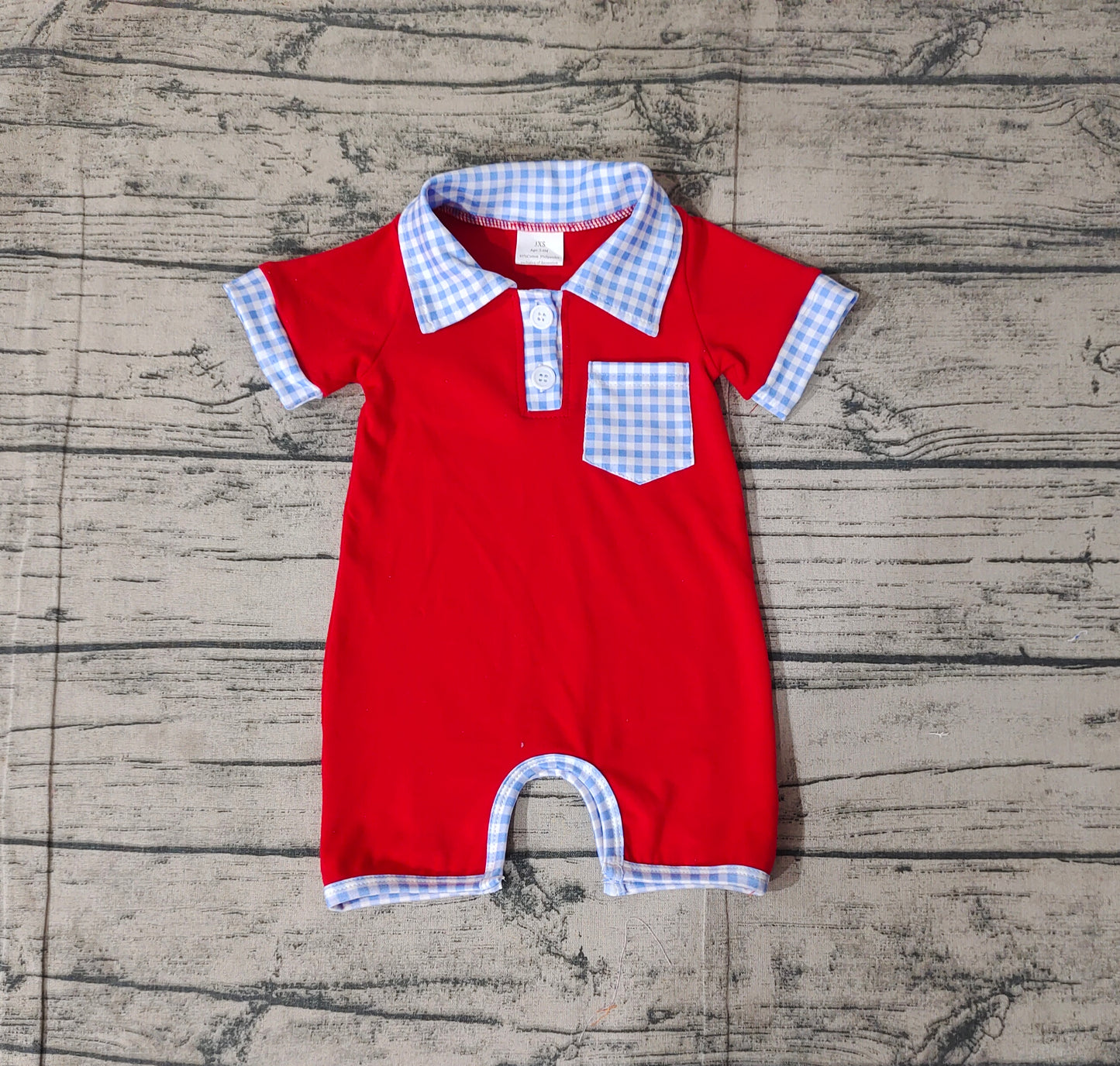 SR2352  National Day Blue Plaid Pocket Red Short Sleeve Bodysuit  D 3.21