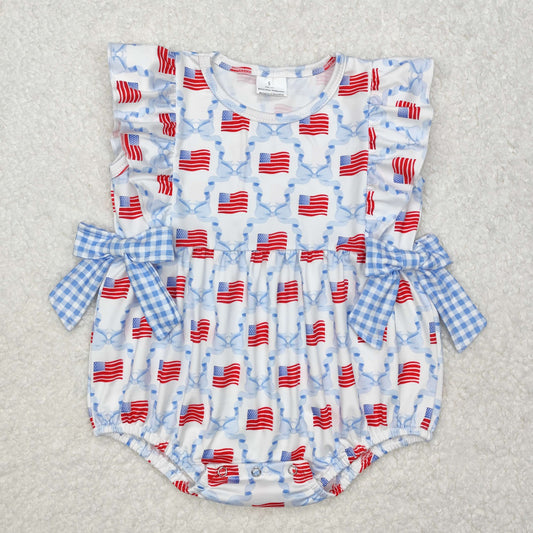 SR2353 National Day Flag Blue Plaid Bowknot Pattern Vest Bodysuit D 4.24
