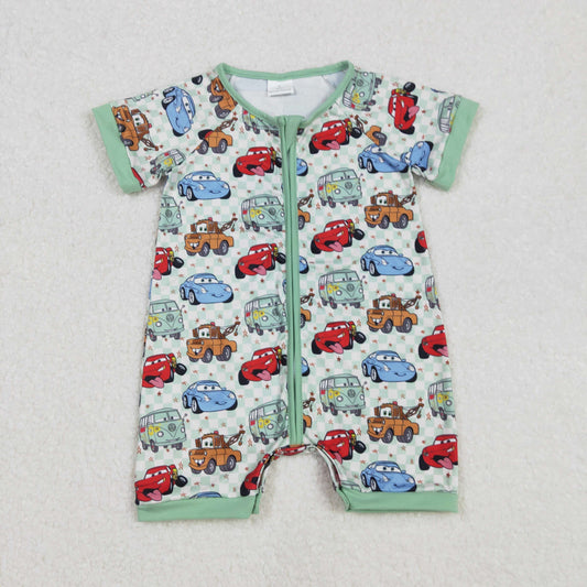 SR2373 cars Green Plaid Zip-Up Short Sleeve Bodysuit D 3.1