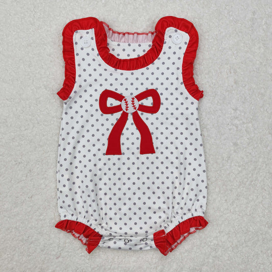 SR2376 Baseball Red Bow Polka Dot White Vest Bodysuit