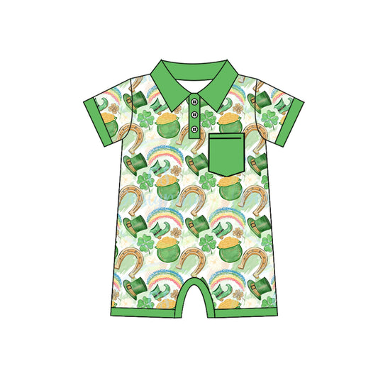 presale SR2381  Four-leaf Clover Gold Coin Rainbow Hat Green Pocket Short Sleeve Bodysuit   2024 12.4