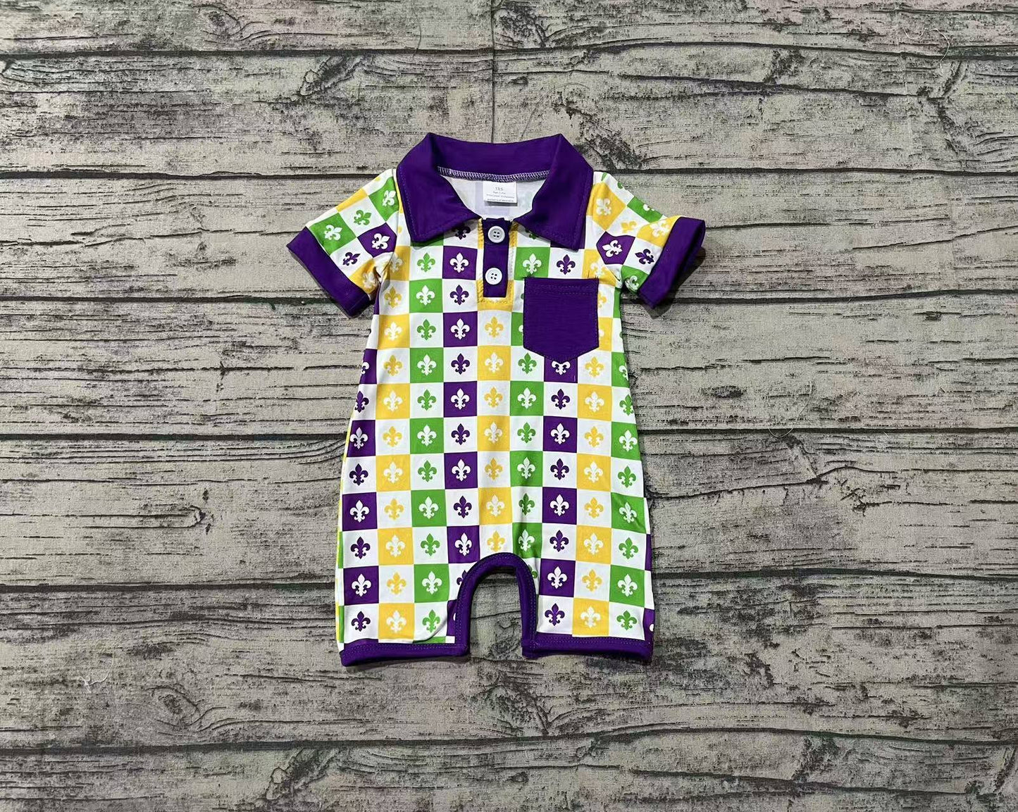 SR2385  Mardi Gras Plaid Purple Pocket Short Sleeve Bodysuit