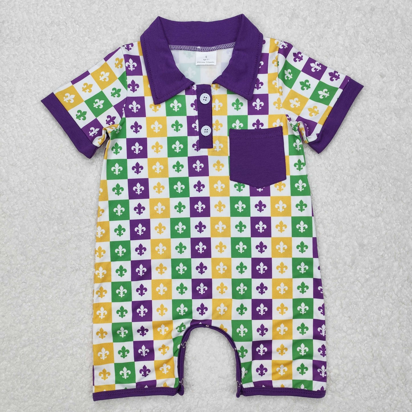 SR2385  Mardi Gras Plaid Purple Pocket Short Sleeve Bodysuit
