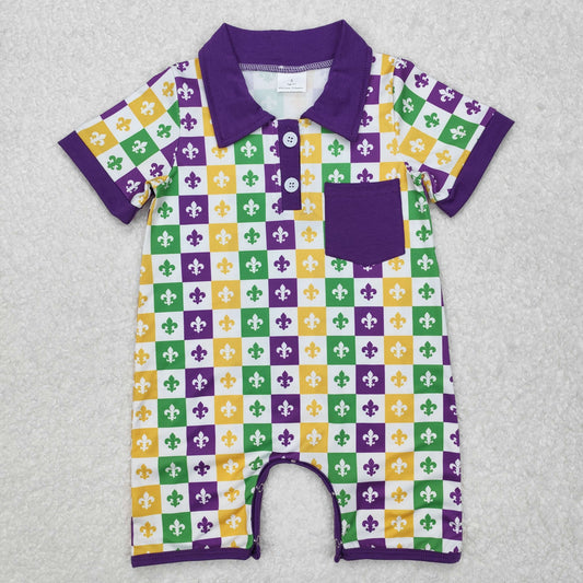 SR2385 Mardi Gras Plaid Purple Pocket Short Sleeve Bodysuit