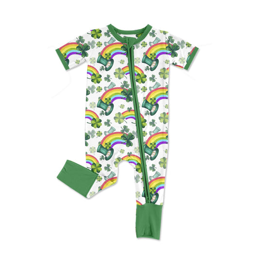 presale  SR2397  Four Leaf Clover Rainbow Hat Green and White Zipper Short Sleeve Bodysuit   2024 12.6