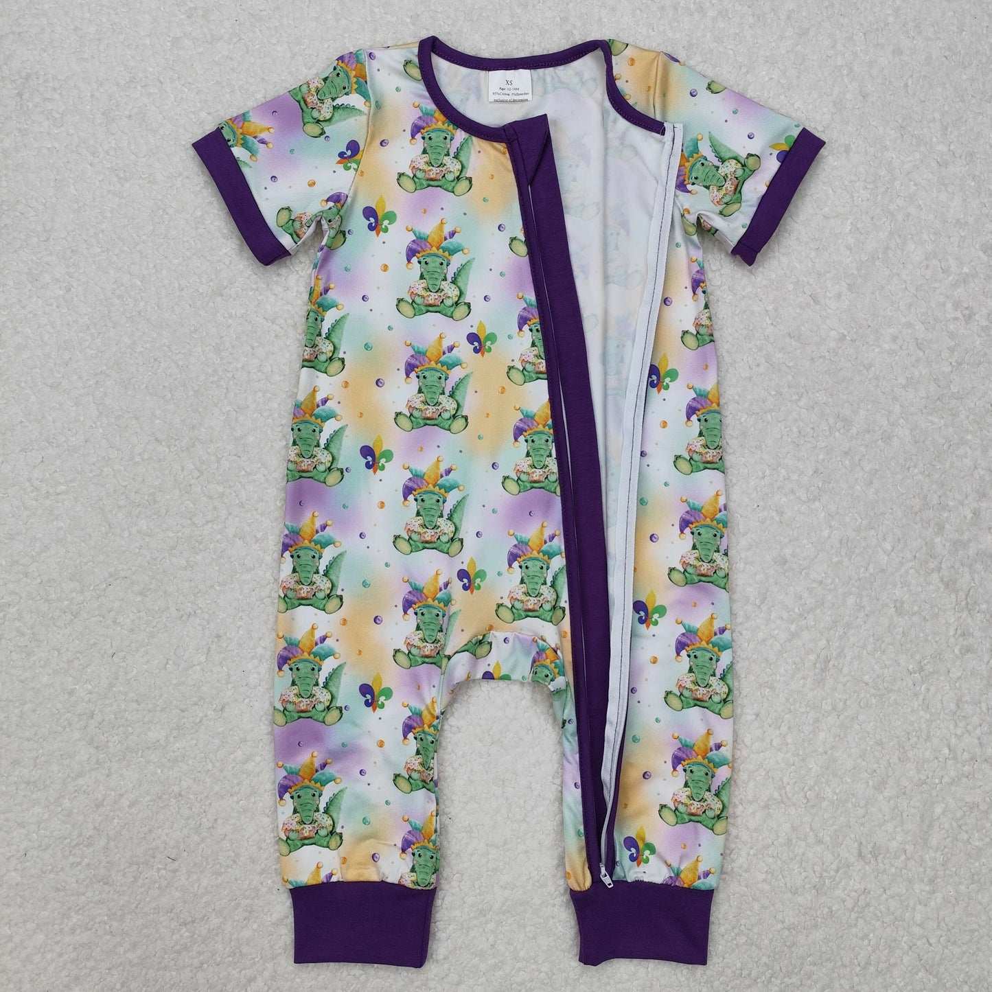 SR2398  Mardi Gras Croc Purple Zip-Up Short Sleeve Bodysuit
