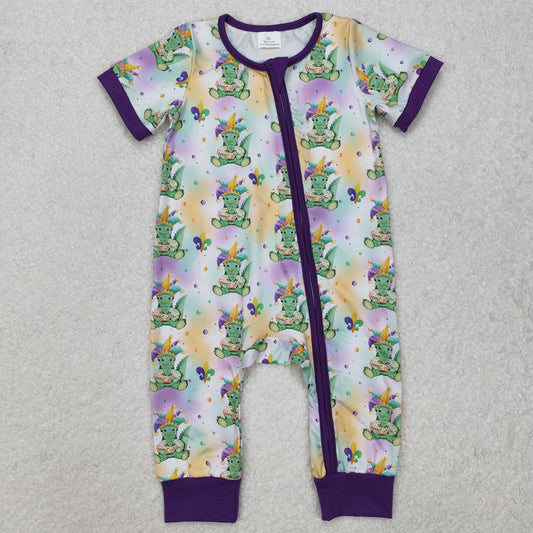 SR2398 Mardi Gras Croc Purple Zip-Up Short Sleeve Bodysuit