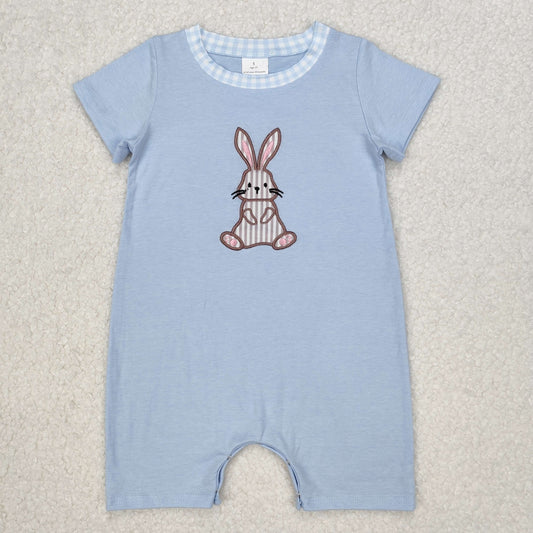SR2404 Baby Infant Boys embroidery Blue Easter Rabbit Short Sleeve Rompers D 3.10