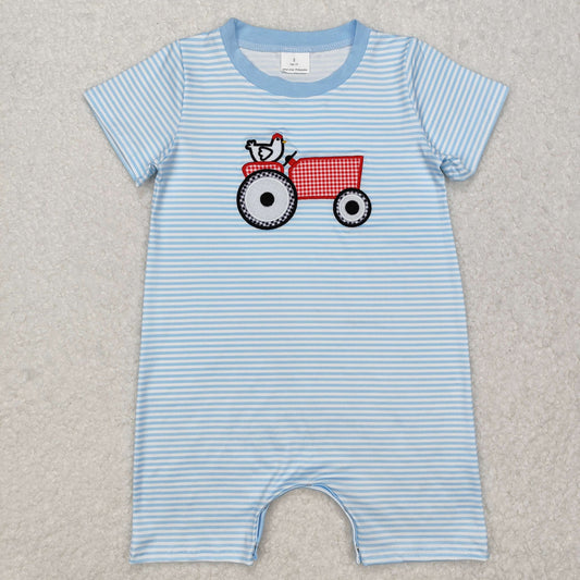 SR2406  Chicken Tractor Blue Striped Short Sleeve Bodysuit