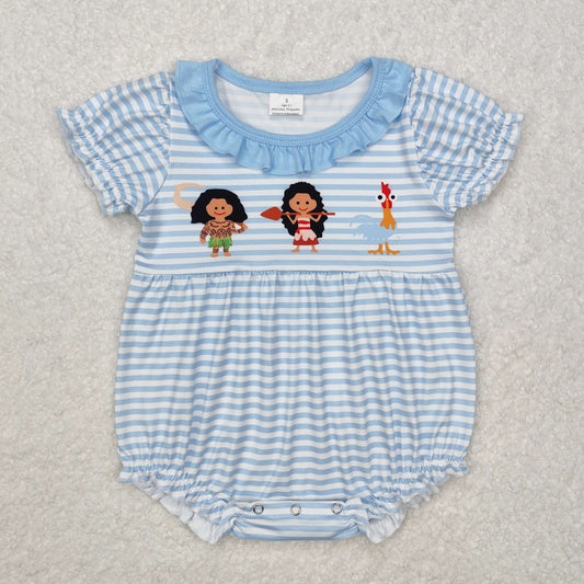 SR2419 Cartoon girl chick striped blue lace short sleeve jumpsuit