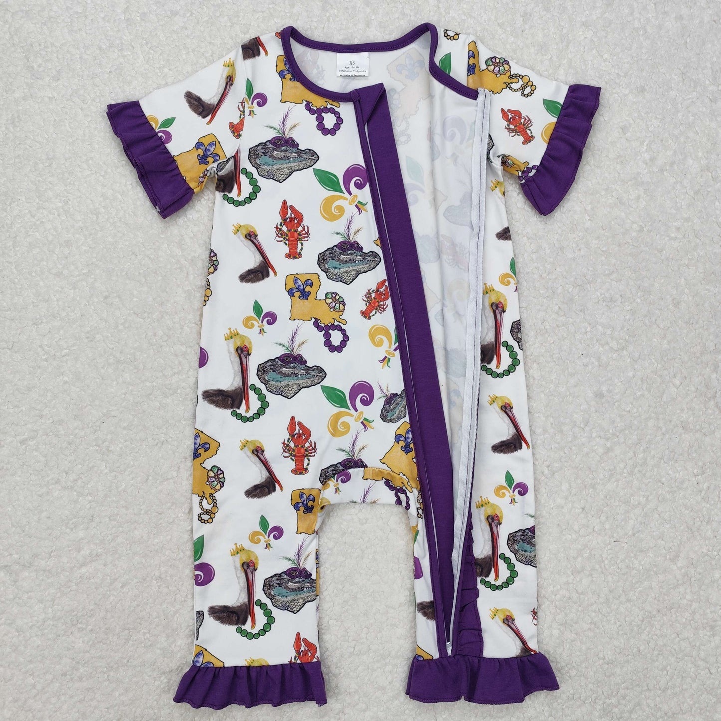 SR2422 Carnival Animal Lace Purple and White Zipper Short Sleeve Bodysuit