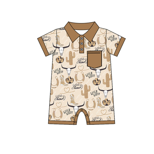 custom Alpine Bull Head Hat Boots Cactus Brown Pocket Short Sleeve Bodysuit  D 5.20