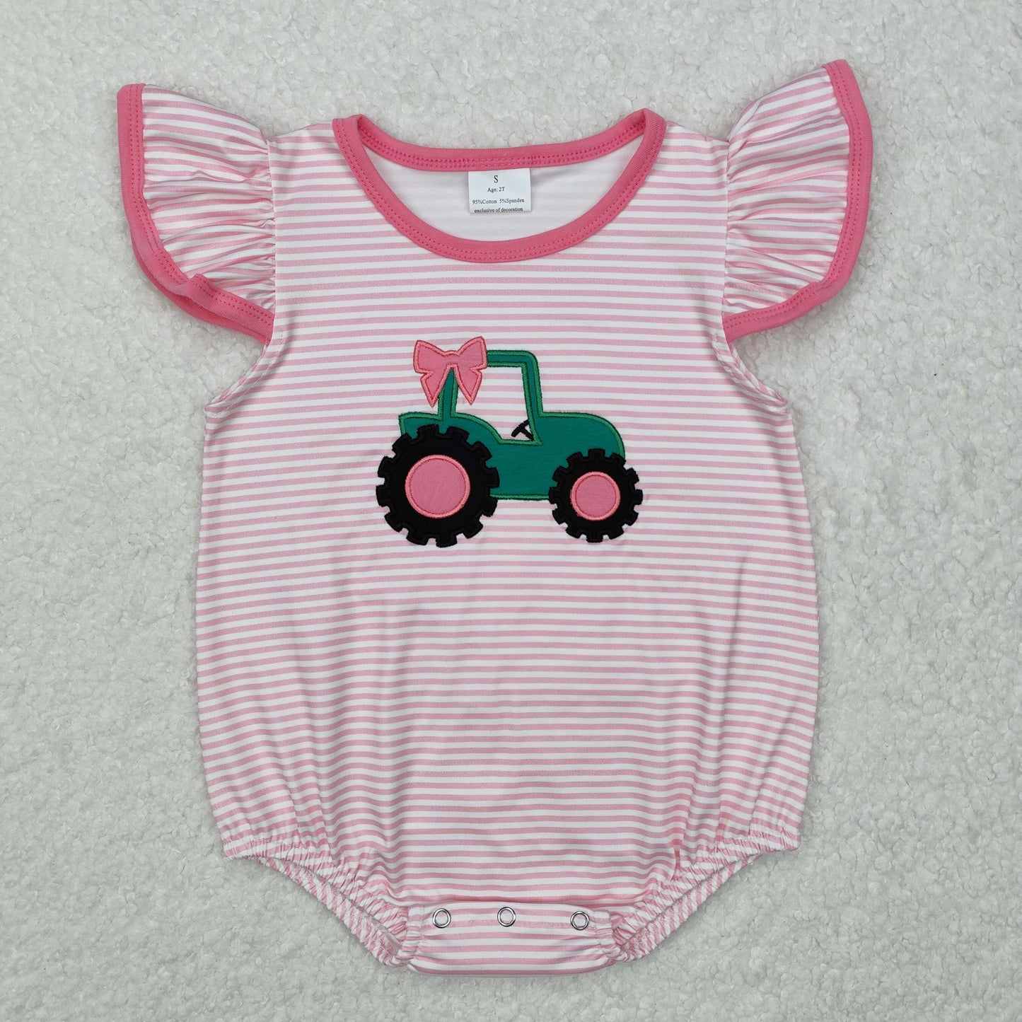 SR2432 Farm Tractor Pink Striped Vest Bodysuit