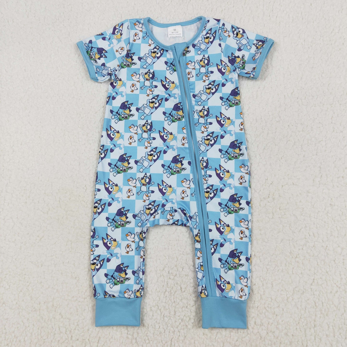 SR2454 Baby Infant Boys Blue Checkered Dogs Short Sleeve Zip Rompers