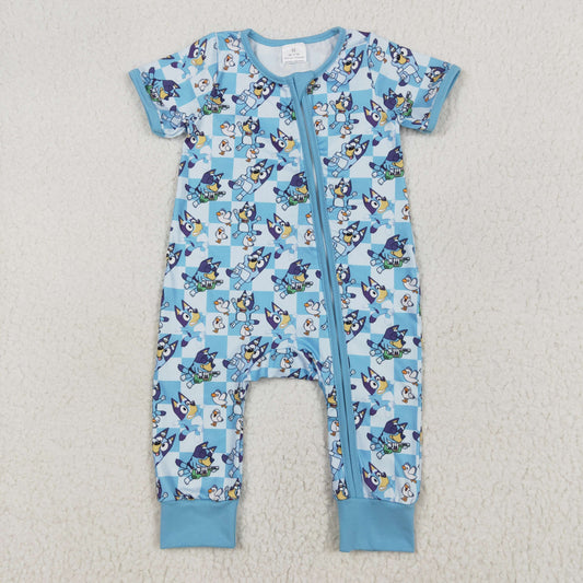 SR2454 Baby Infant Boys Blue Checkered Dogs Short Sleeve Zip Rompers