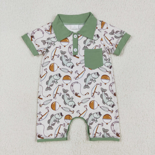 SR2472 Baby Infant Boys Fishing Pocket Short Sleeve Rompers D 4.16