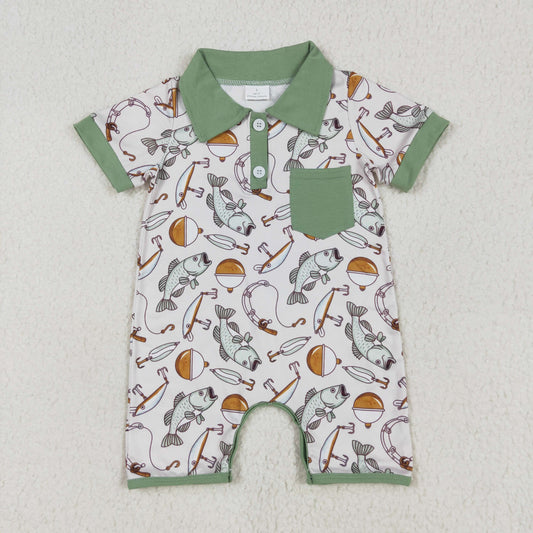 SR2472 Baby Infant Boys Fishing Pocket Short Sleeve Rompers D 4.16