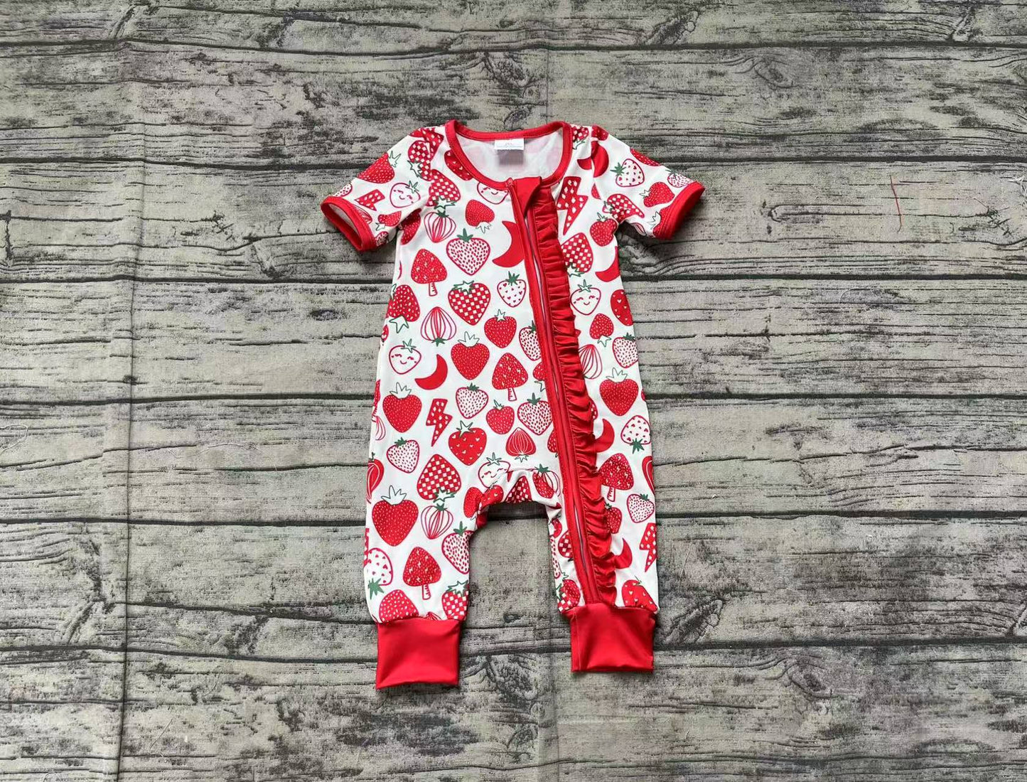 presale SR2500 Baby Infant Girls Strawberry Ruffle Zip Rompers  D 2.21
