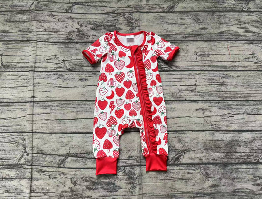 presale SR2500 Baby Infant Girls Strawberry Ruffle Zip Rompers D 2.21