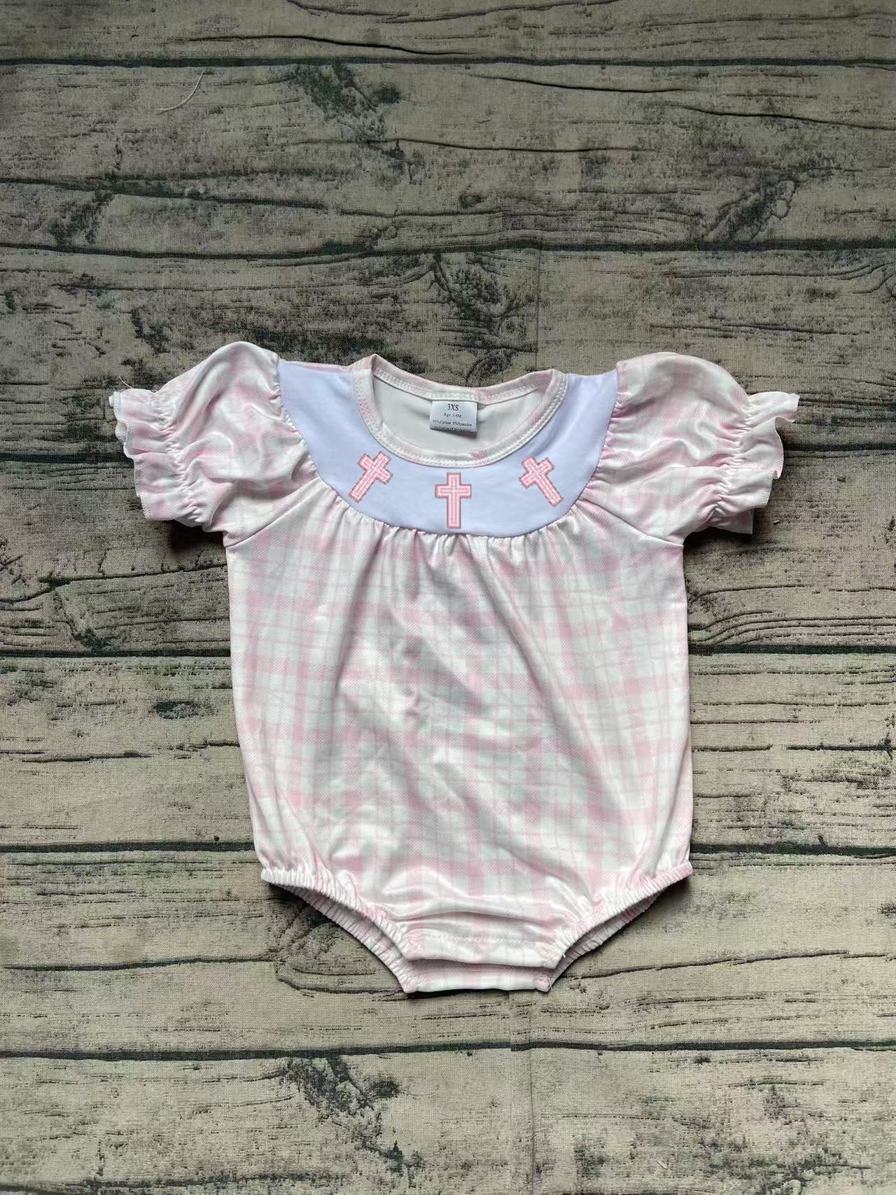 SR2504 Baby Infant Girls Pink Checkered Easter Cross Rompers  D 3.6