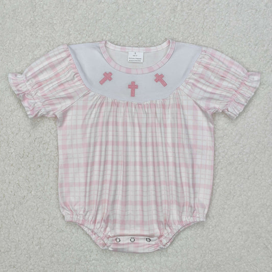 SR2504 Baby Infant Girls Pink Checkered Easter Cross Rompers D 3.6