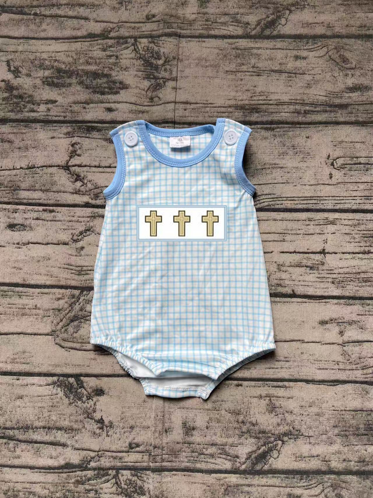 SR2505  Baby Infant Boys Blue Checkered Easter Cross Rompers  D 3.6