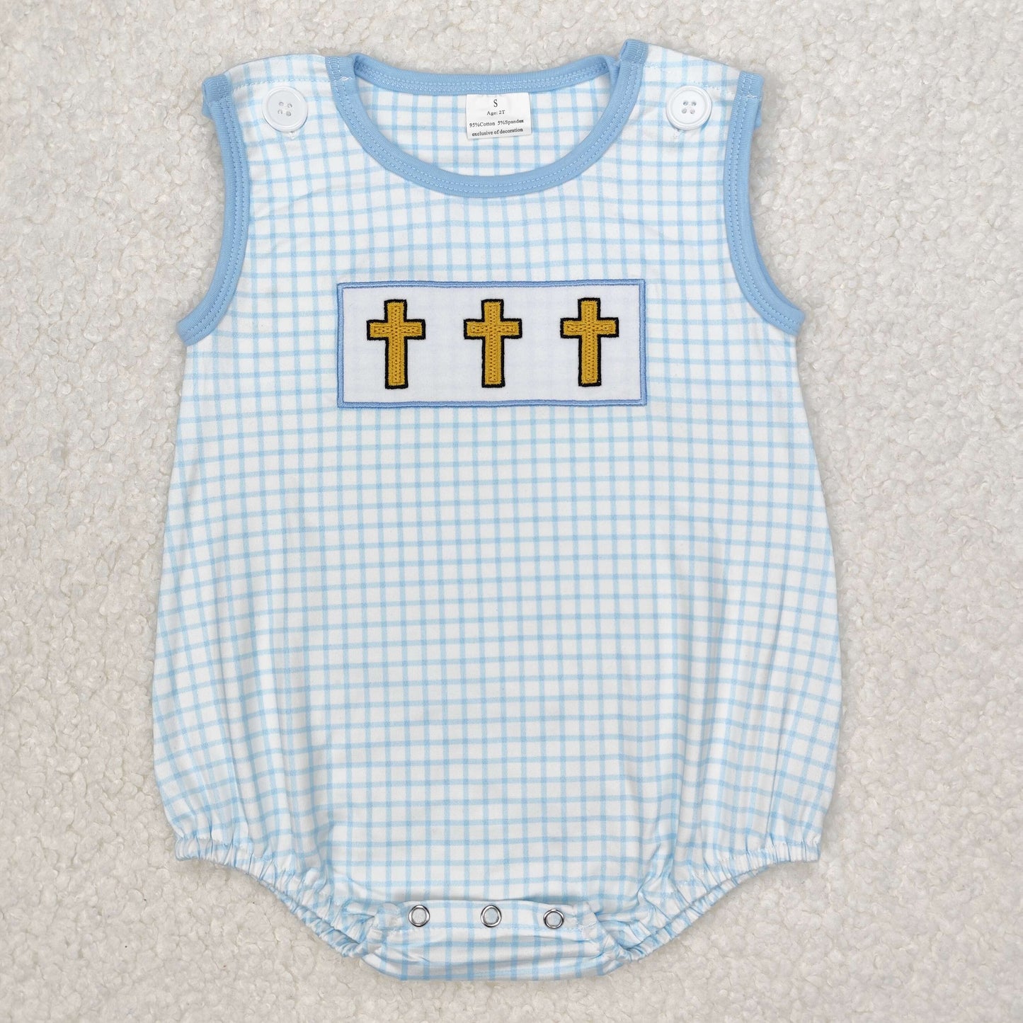 SR2505  Baby Infant Boys Blue Checkered Easter Cross Rompers  D 3.6